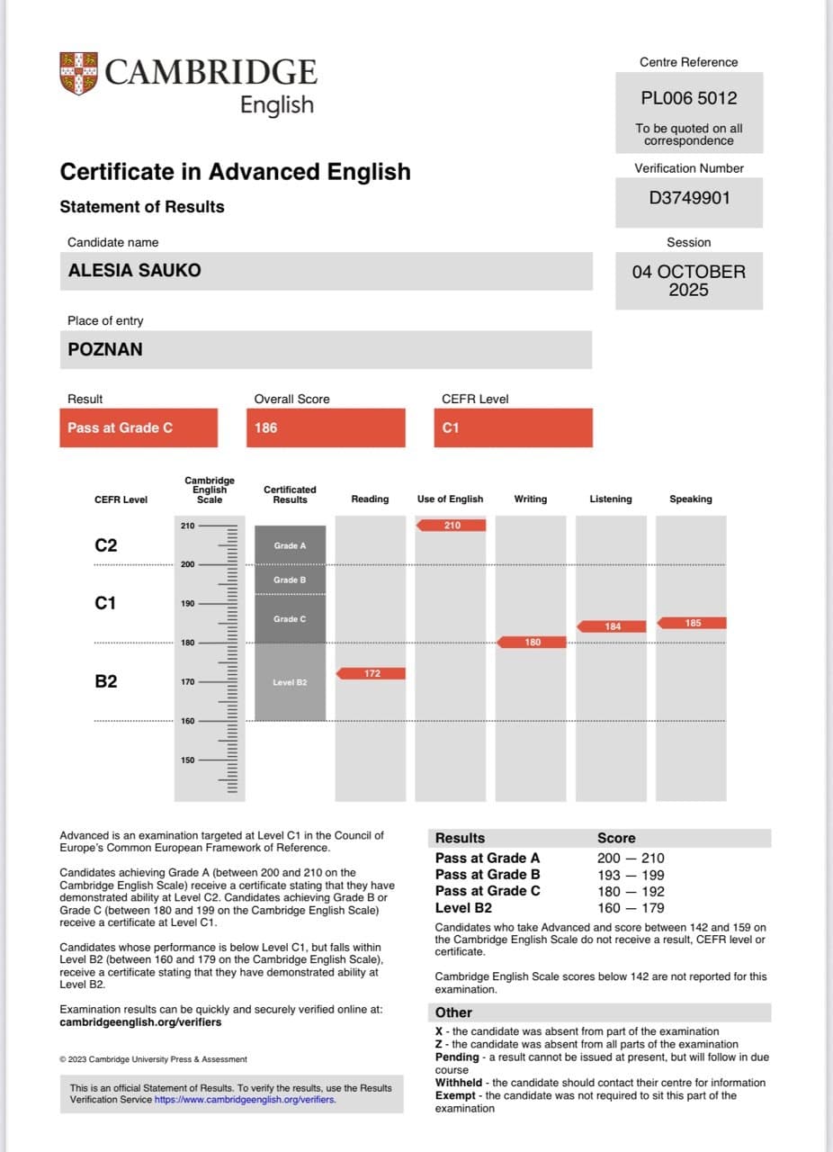 Сертификат Alesia Sauko