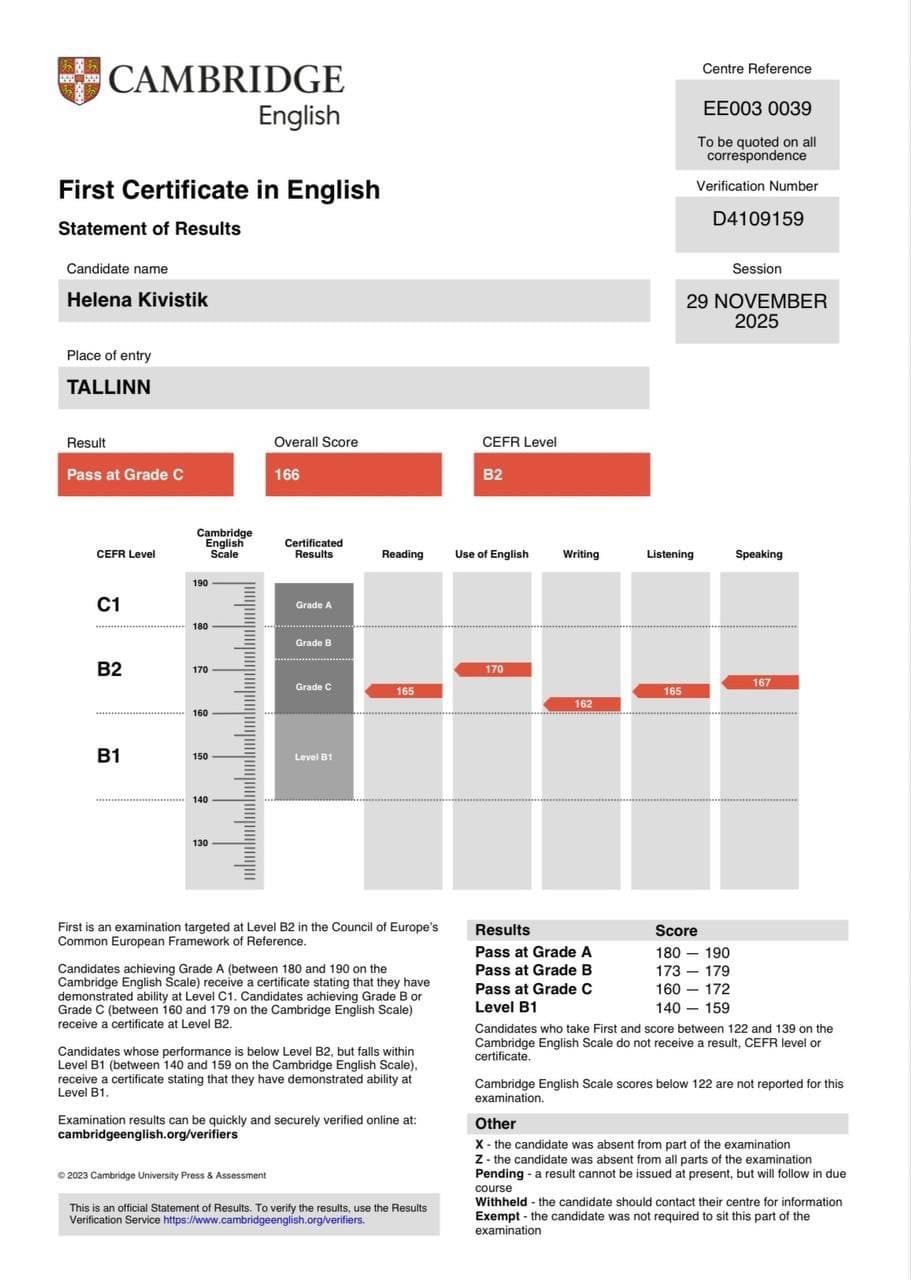 Сертификат Helena Kivistik