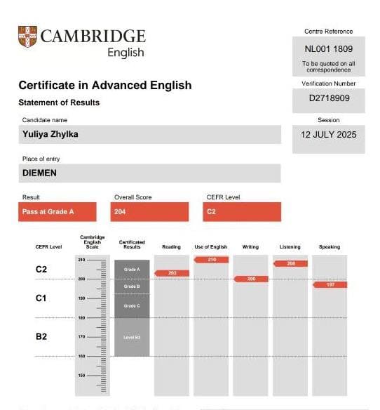 Сертификат Yuliya Zhylka